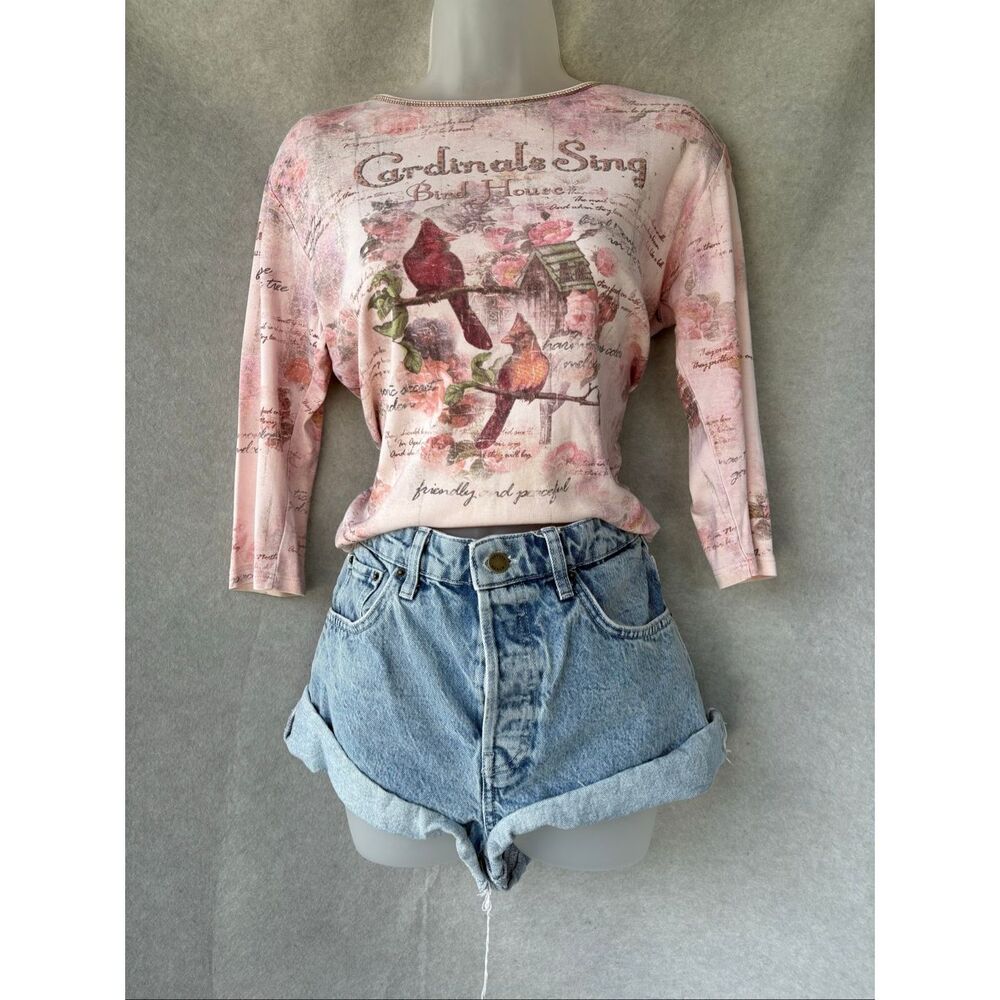 Vtg Cardinal Bird Graphic Top Pink Long Sleeve Floral Script Rhinestone Coquette